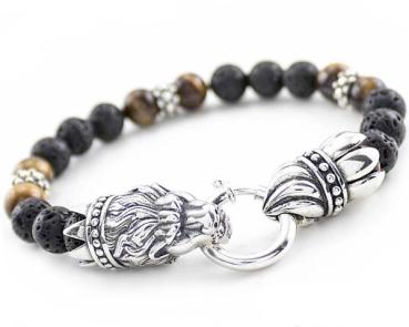 LÖWEN Armband mit Tigeraugen/Lava & Silber Perlen
