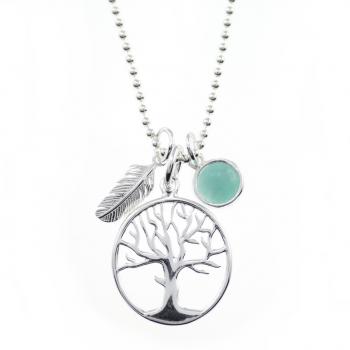 silver necklace with TREE OF LIFE pendant, feather and gemstone