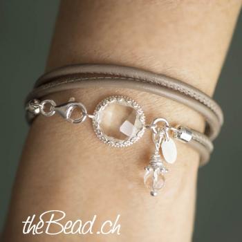 Leather Bracelet silver and crystal