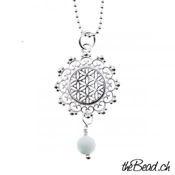 silver collier with flower of life pendant and amazonite