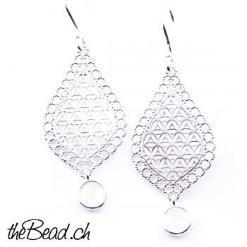 Earrings with flower of life and rainbow moonstone