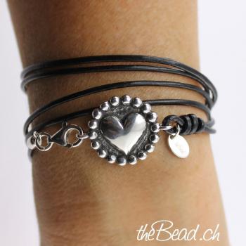 Silver heart leather bracelet