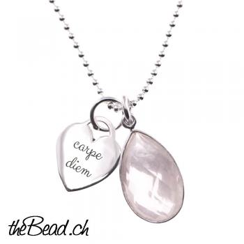 Charm HEART with personal engraving and rosequarz