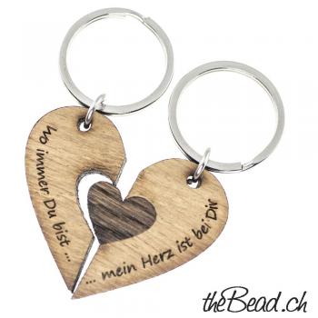 Heart key chain made of real wood and stainless steel