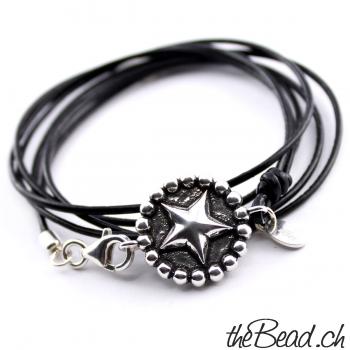 Silver star leather bracelet