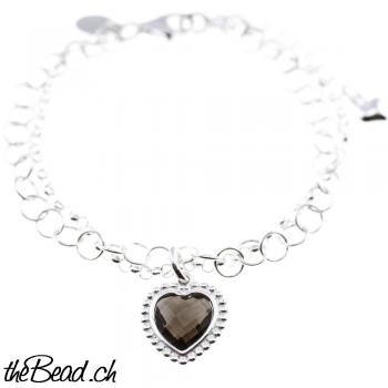 silver bracelet made of 925 sterling silver smoky quarz heart