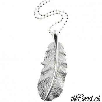 Feather necklace silver, with leather necklace