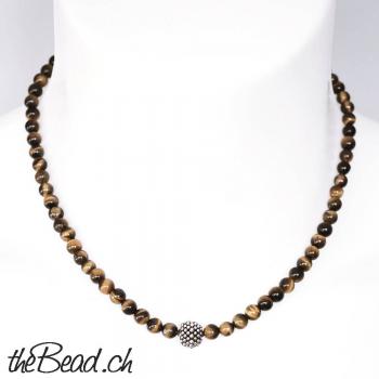 tiger eye beads necklace with 925 sterling silver