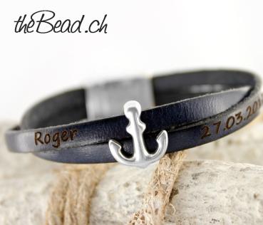 leather bracelet with anchor and your personal engraving