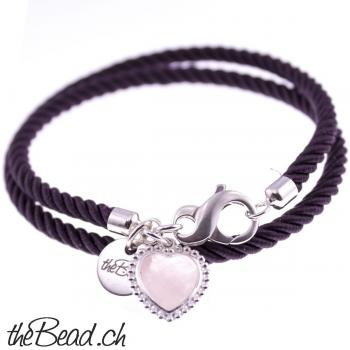 silk bracelet with rose quarz heart pendant