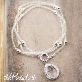 silver and crystal beads necklace 85 cm and pendant