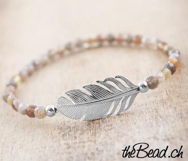 botswana agate bracelet with 925 sterling silver feather  18 cm
