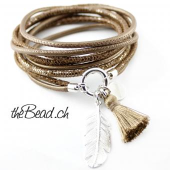 Wrap leather bracelet with feather and tassel pendant