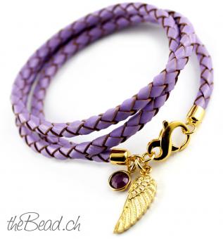 Leather Bracelet with gold plated wing