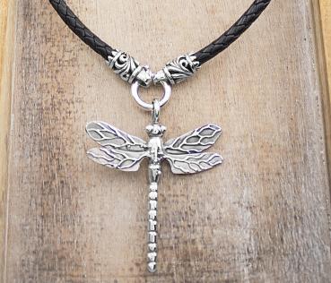 braided leather necklace, 5 mm in diameter with dragonfly pendant