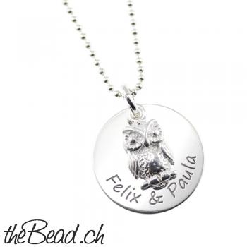 Silver Necklace OWL with engraved name pendant