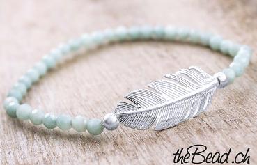 amazonite 925 Sterling silver feather bracelet with crystal pearls