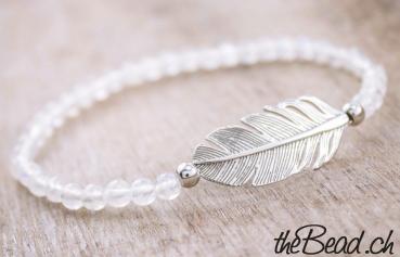 moonstone pearls bracelet with 925 sterling silver feather