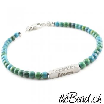 women anklet blue green & engraved bead