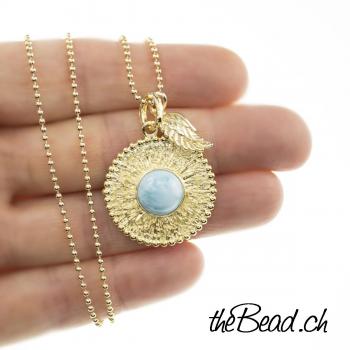 gold vergoldete halskette mit larimar anhaenger