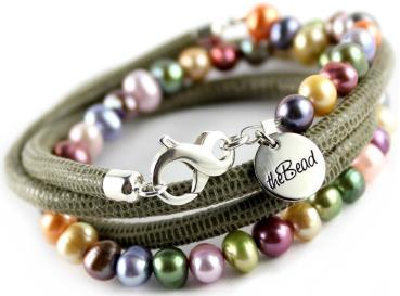 Leather Bracelet with colorful pearls