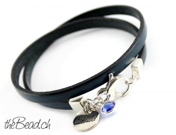 Leather Bracelet BLUE with Crystal SAPHIER Charm