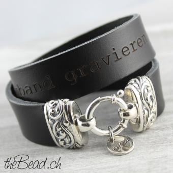 Leather bracelet engraved with 925 Sterling Silver clasp