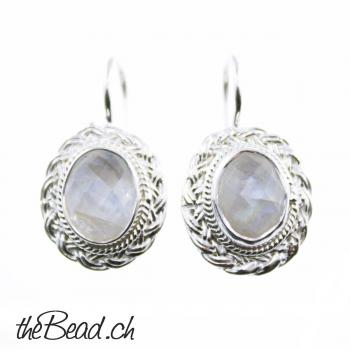 Earrings made of 925 sterling silver and rainbow moonstone