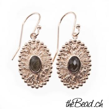 Earrings made of rosegold plated silver and smokey quarz