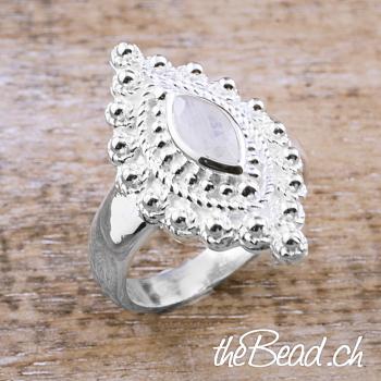 women silver finger ring made of 925 sterling silver, rainbow moonstone