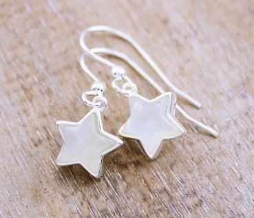 Earrings made of 925 sterling silver and rainbow moonstone stars