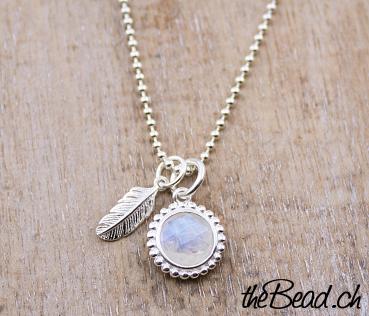 Rainbow Moonstone & feather necklace made of 925 sterling silver