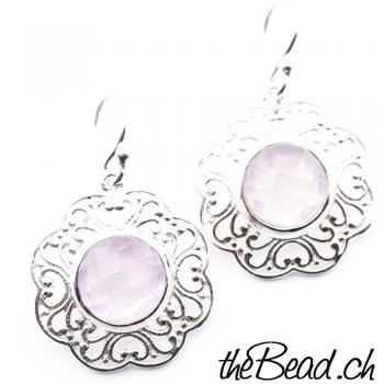 Earrings made of 925 sterling silver and rose quarz