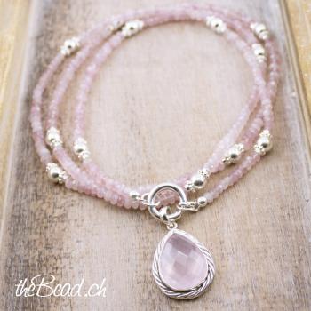 silver and rose quartz beads necklace 85 cm and pendant