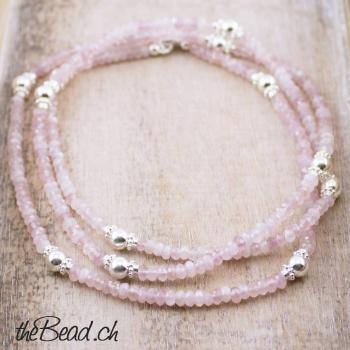 silver and rose quartz beads necklace 85 cm