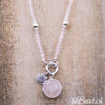 silver and rose quartz beads necklace 45 cm