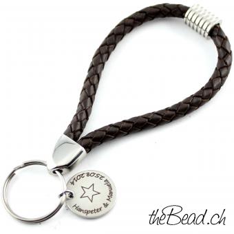 keychain leather and stainless steel and engraved pendant