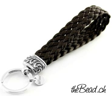 keychain, 925 silver and flat braided leather