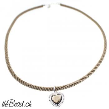 silk necklace with smoky quarz heart pendant