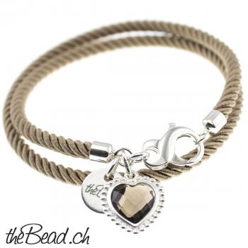 silk bracelet with smoky quarz heart pendant