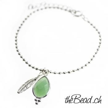 silver bracelet with chrysopras and feather pendant
