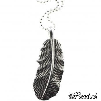 Feather necklace silver, with leather necklace