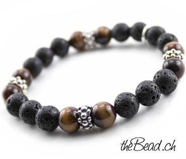 Bracelet with lava and tigereye  beads and 925 sterling silver