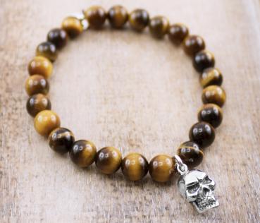 bracelet with tiger eye with silver skull pendant