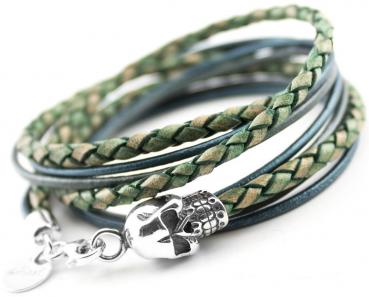 Grünes Wickelarmband mit Silber TOTENKOPF