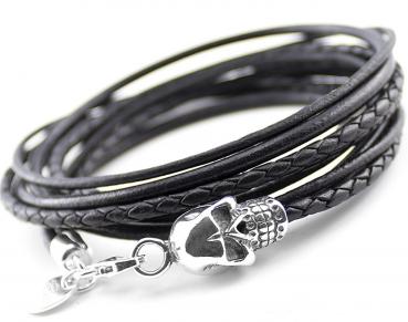 Schwarzes Wickelarmband mit Silber TOTENKOPF