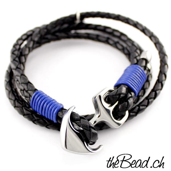 anchor leather bracelet in black