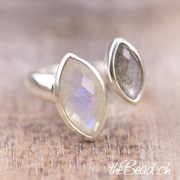 Silber Fingerring mit  mondstein edelsteinen und grünem amethyst sowie bergkristall