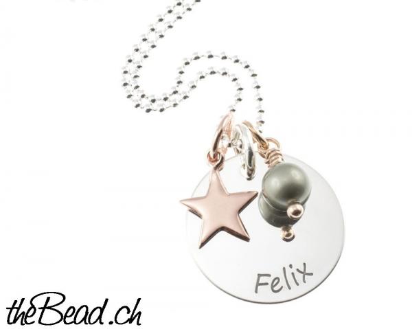 Halsketten mit Gravur Stern rosegold Stern Namenskette graviert mit Perle Silberschmuck online kaufen thebead